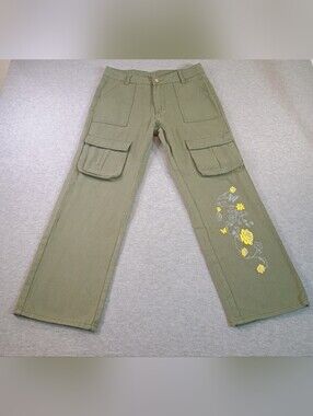 ROMWE Olive Green Cargo Pants with Yellow Floral Accent